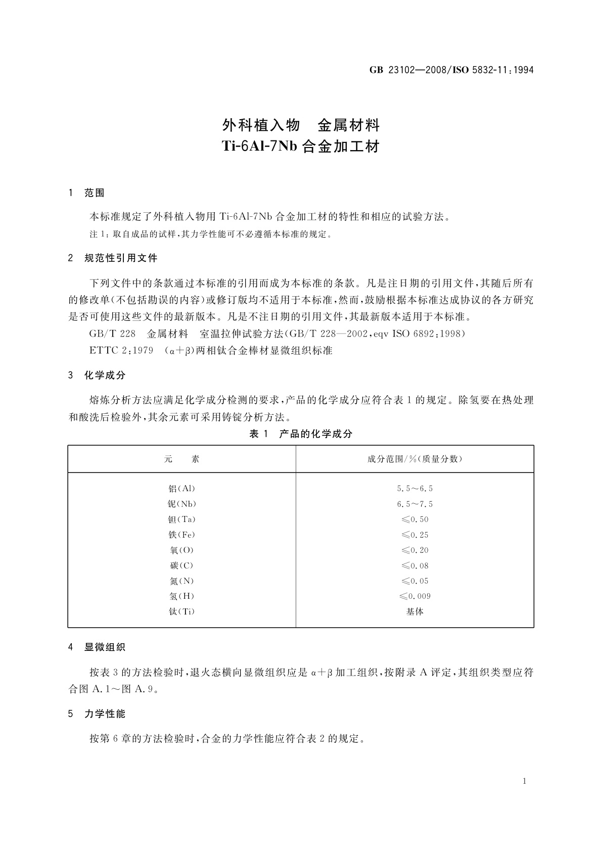 GB 23102-2008 外科植入物　金属材料　Ti-6Al-7Nb合金加工材