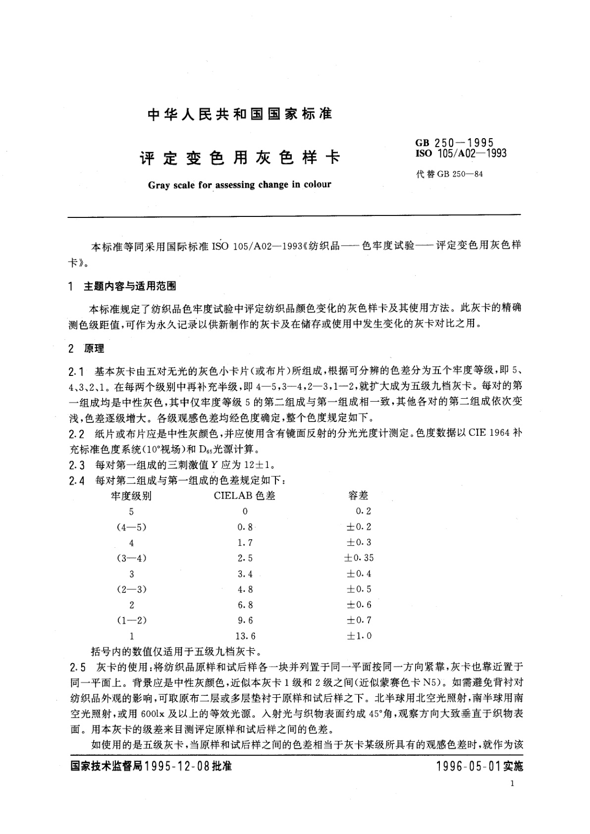 GB 250-1995 评定变色用灰色样卡