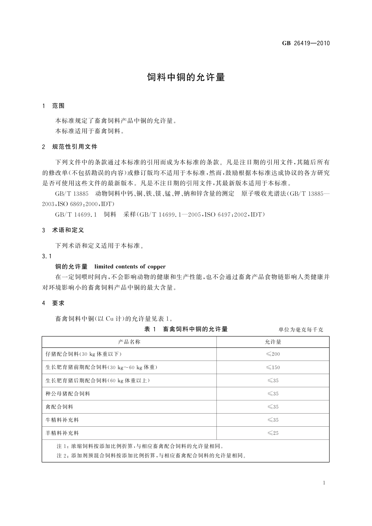 GB 26419-2010 饲料中铜的允许量