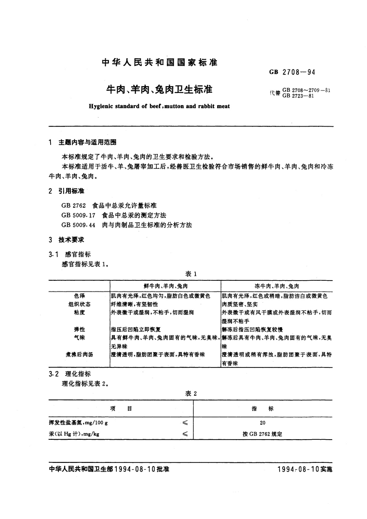 GB 2708-1994 牛肉、羊肉、兔肉卫生标准