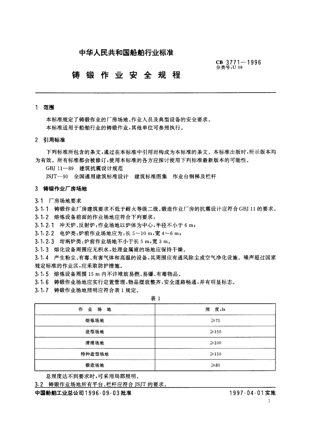 CB 3771-1996 铸锻作业安全规程