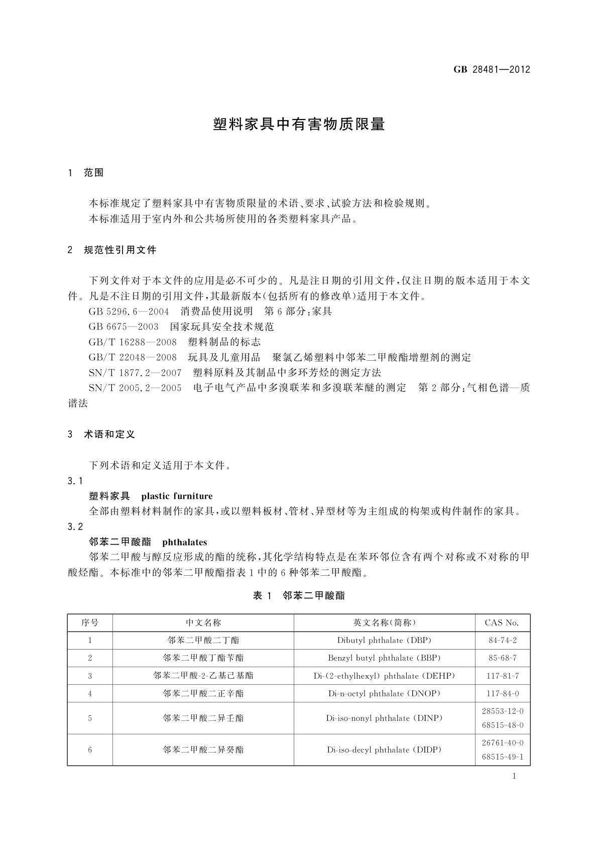 GB 28481-2012 塑料家具中有害物质限量