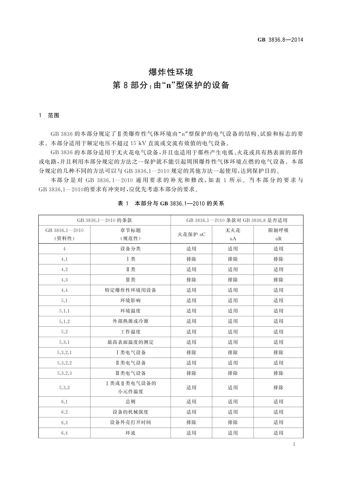 GB 3836.8-2014 爆炸性环境　第8部分：由“n”型保护的设备