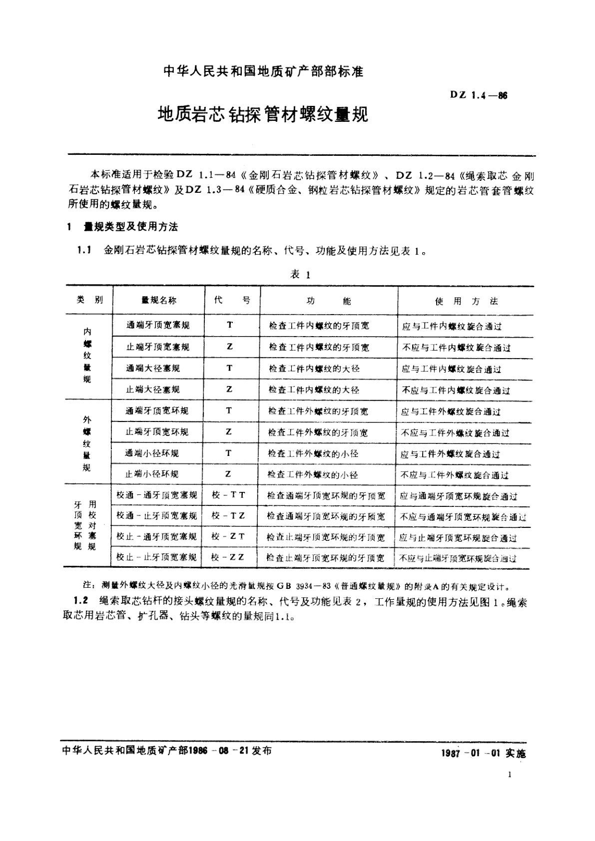 DZ 1.4-1986 地质岩芯钻探管材螺纹量规