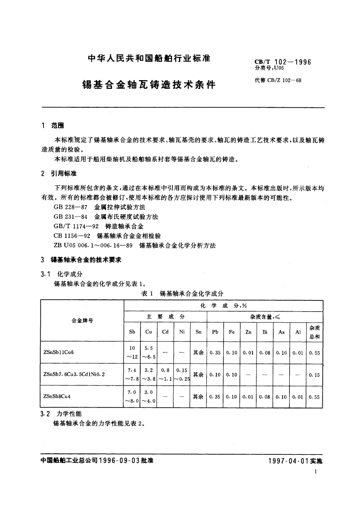 CB/T 102-1996 锡基合金轴瓦铸造技术条件