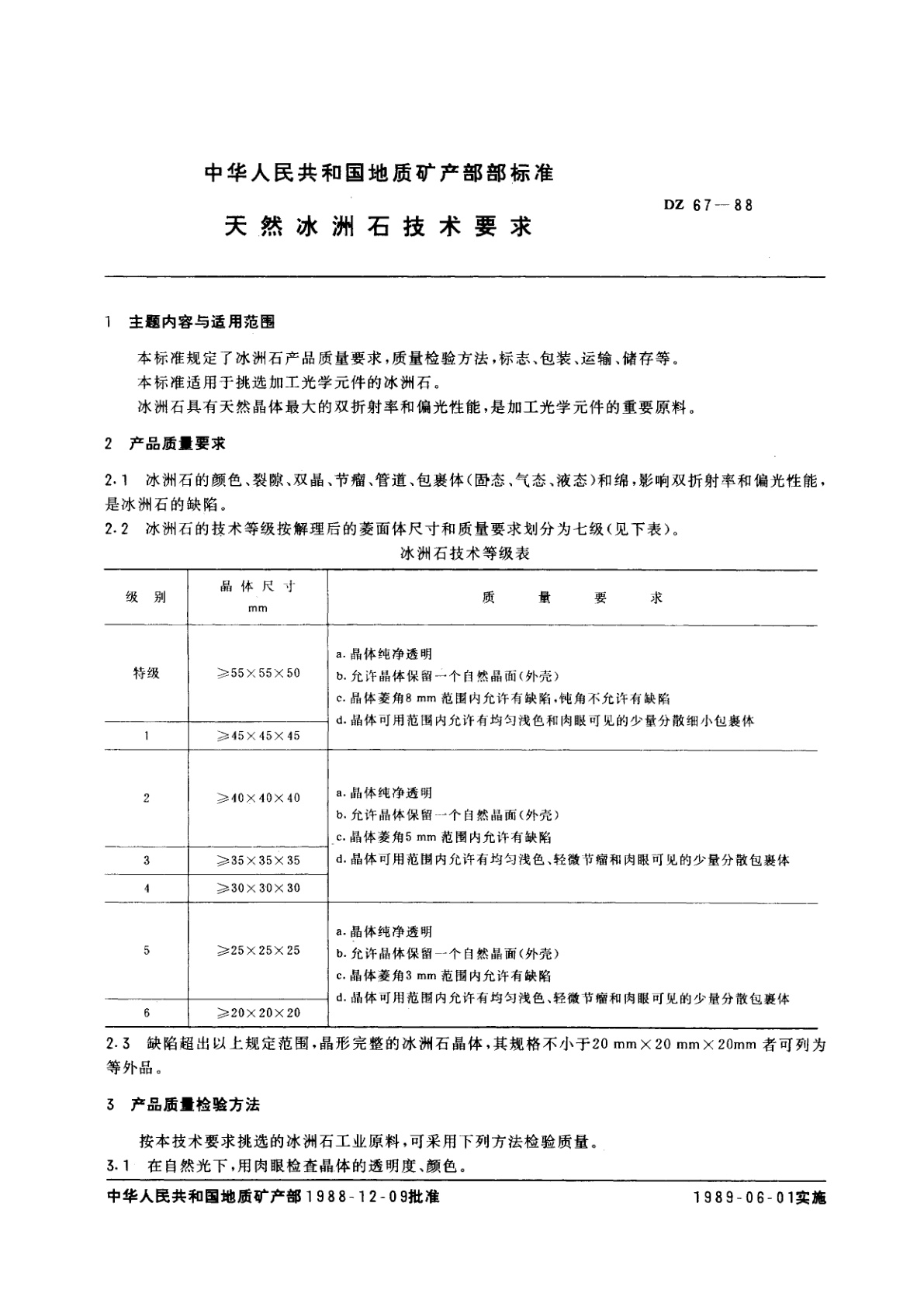 DZ 67-1988 天然冰洲石技术要求