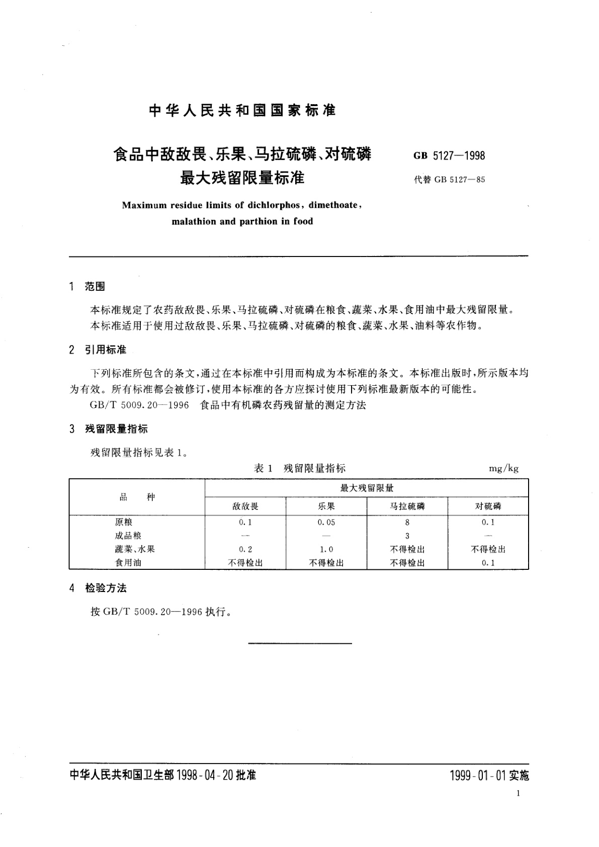 GB 5127-1998 食品中敌敌畏、乐果、马拉硫磷、对硫磷最大残留限量标准