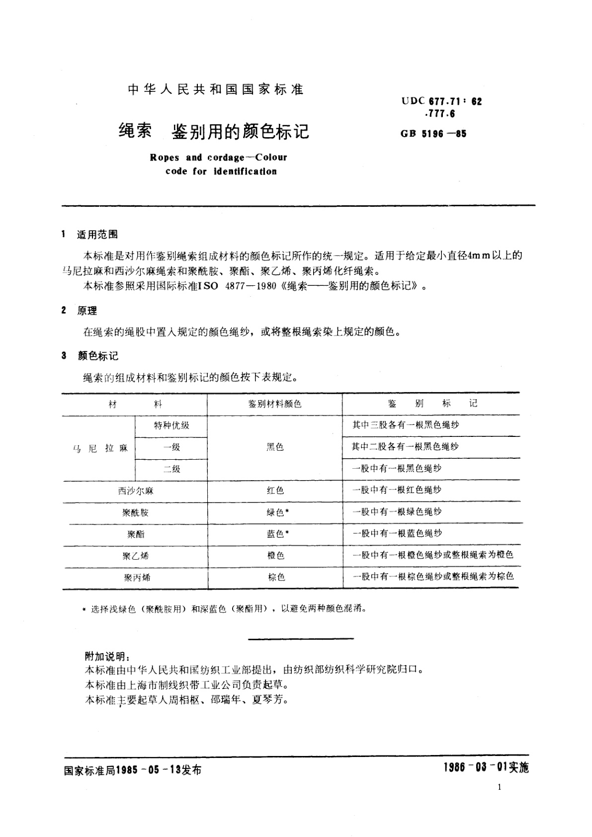 GB 5196-1985 绳索　鉴别用的颜色标记
