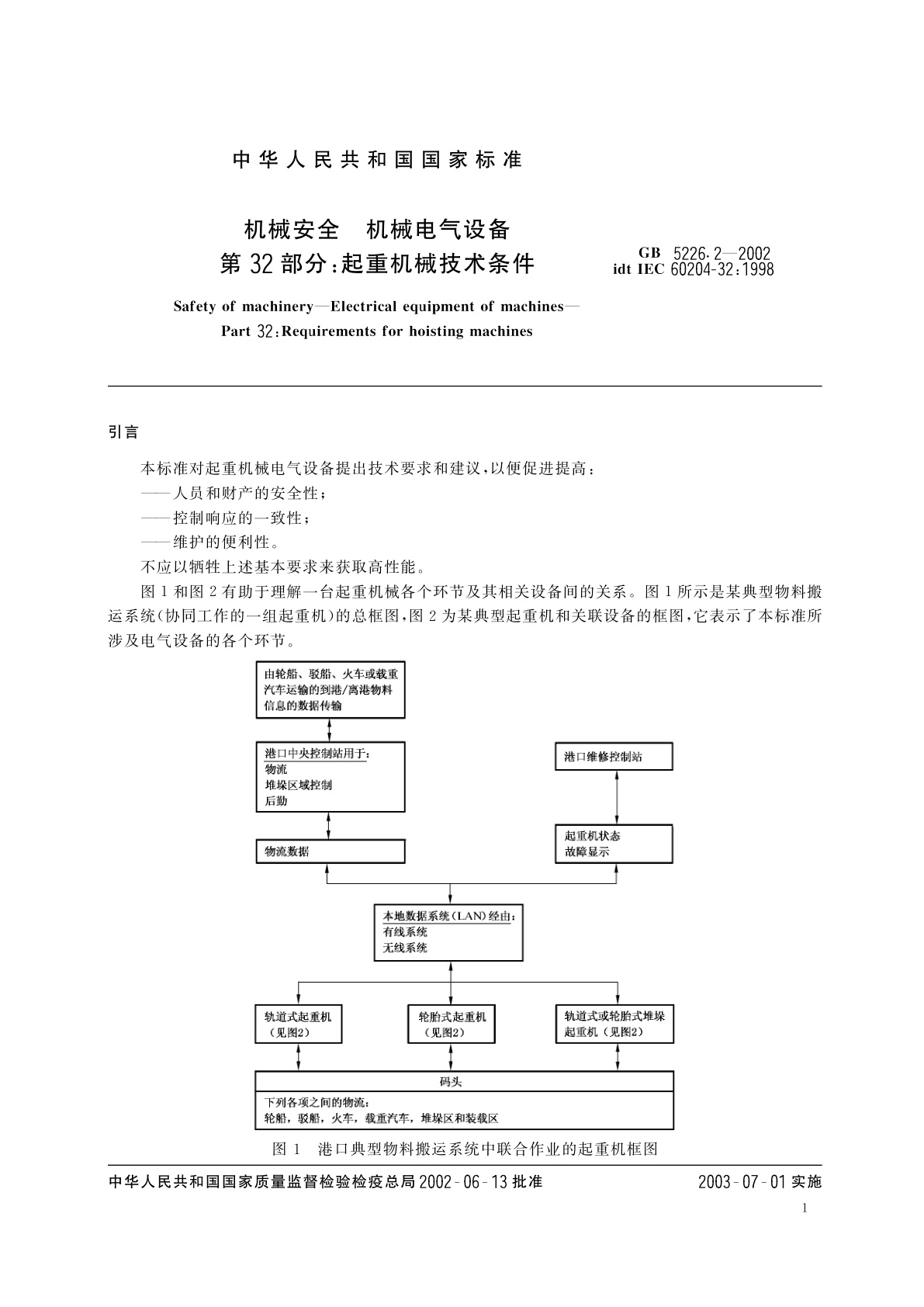 GB 5226.2-2002 机械安全　机械电气设备　第32部分：起重机械技术条件