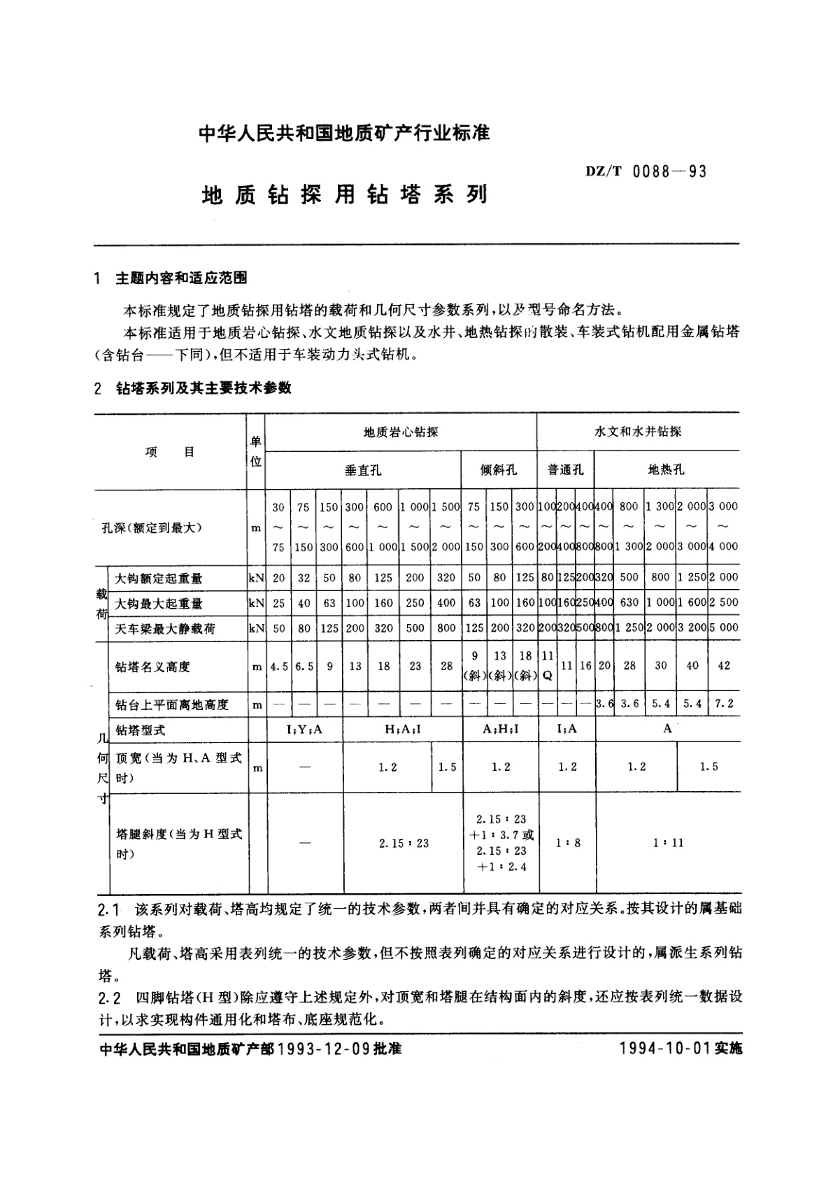 DZ/T 0088-1993 地质钻探用钻塔系列