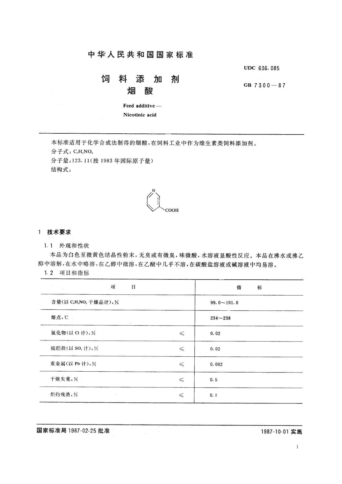 GB 7300-1987 饲料添加剂　烟酸