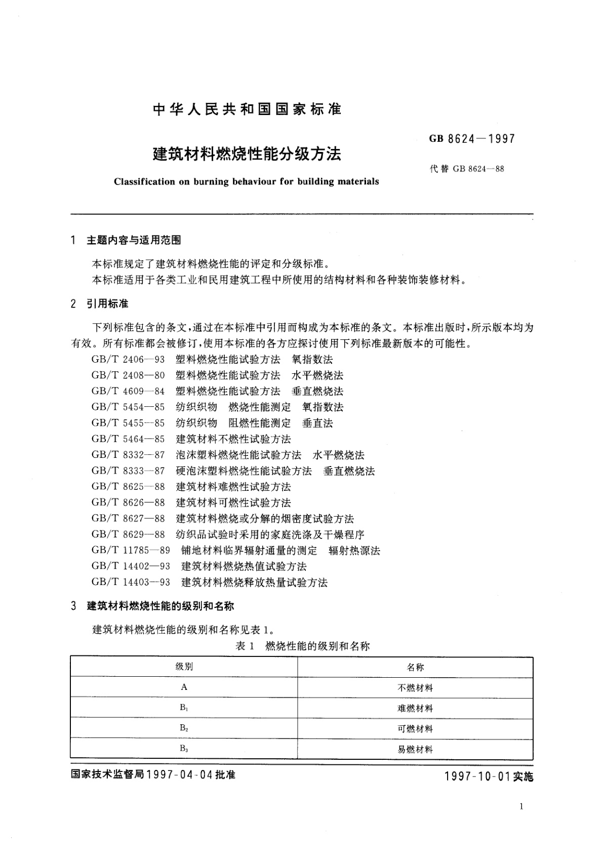 GB 8624-1997 建筑材料燃烧性能分级方法