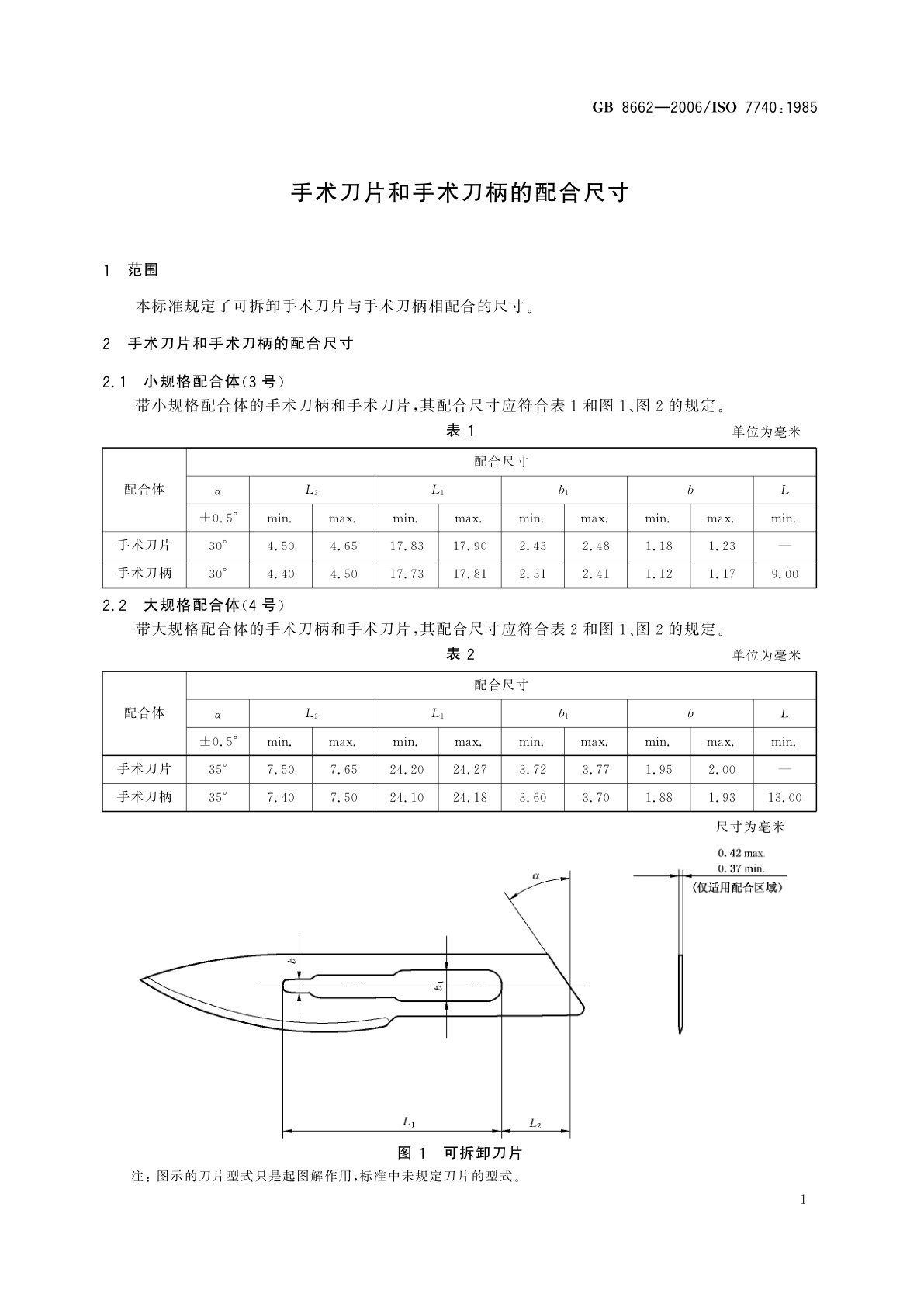 GB 8662-2006 手术刀片和手术刀柄的配合尺寸