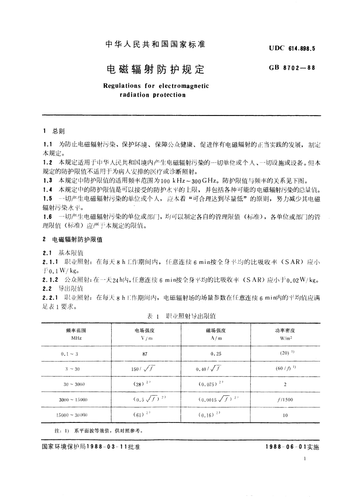 GB 8702-1988 电磁辐射防护规定