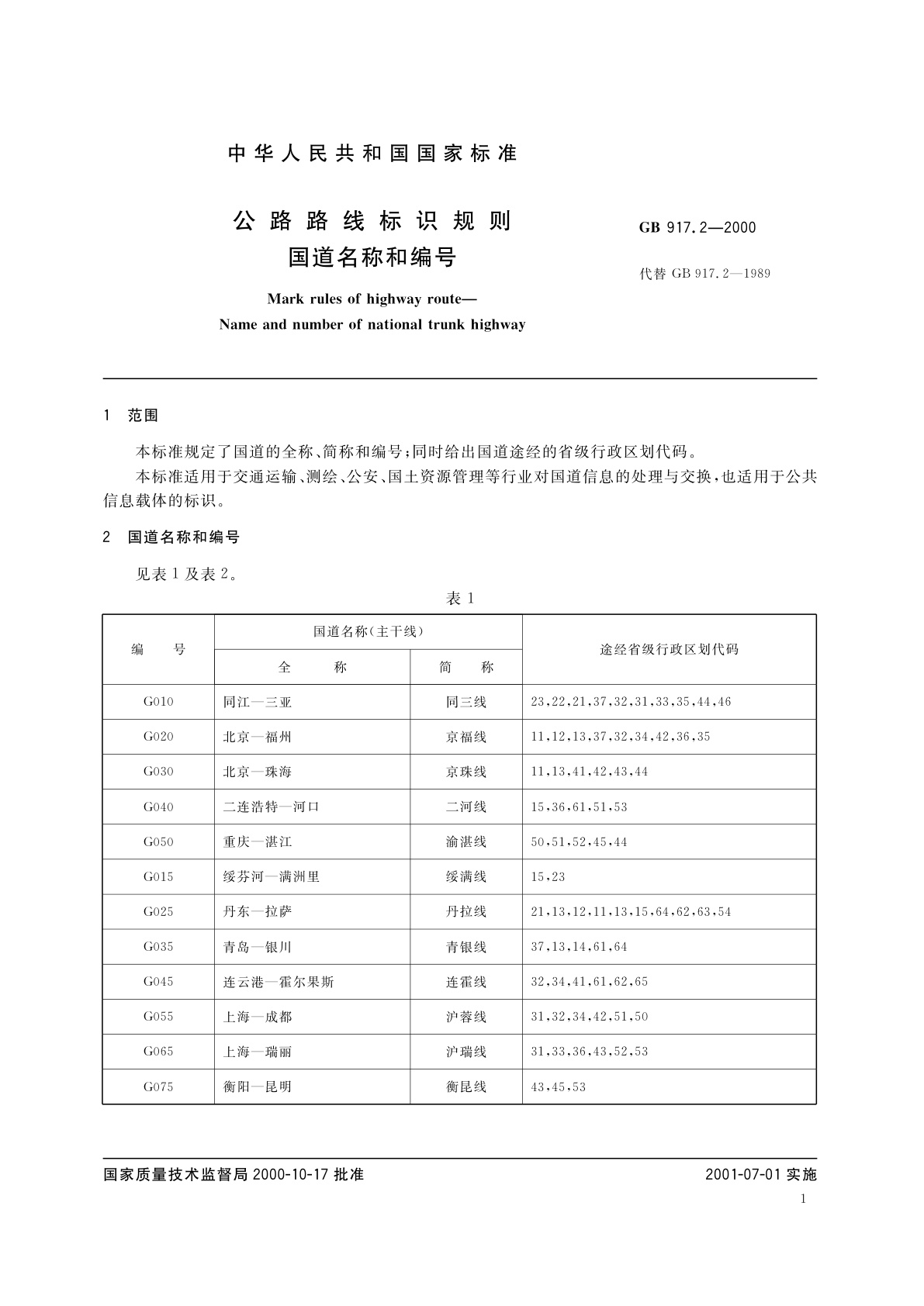 GB 917.2-2000 公路路线标识规则　国道名称和编号