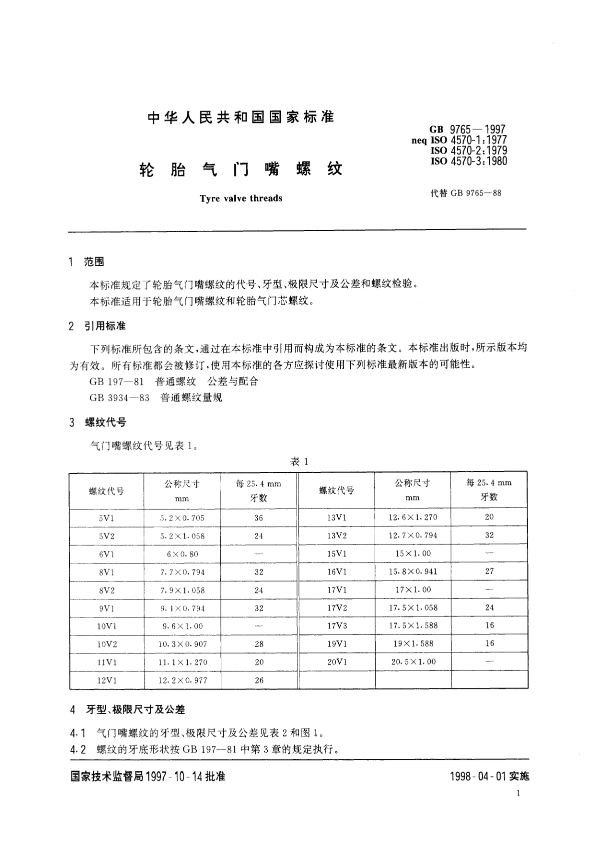 GB 9765-1997 轮胎气门嘴螺纹