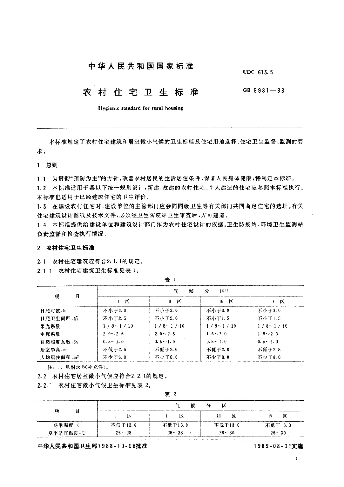 GB 9981-1988 农村住宅卫生标准
