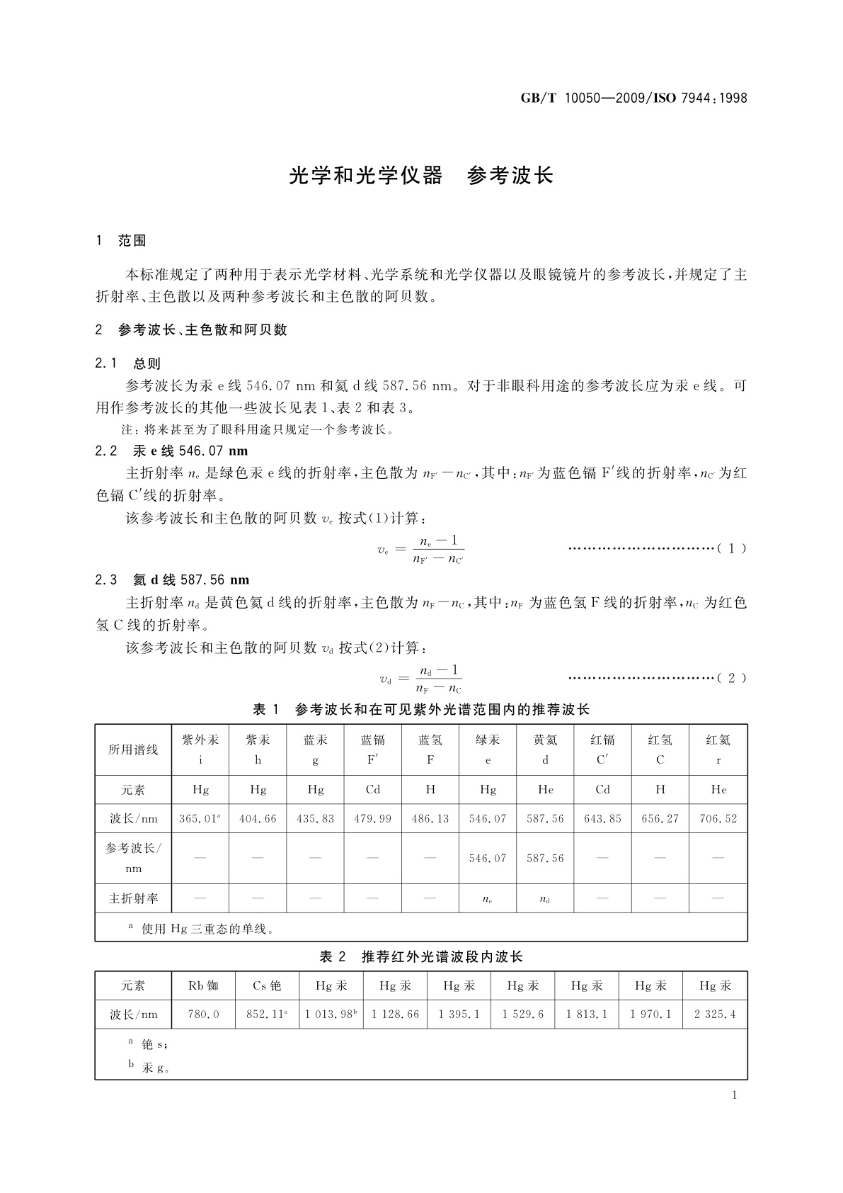 GB/T 10050-2009 光学和光学仪器　参考波长