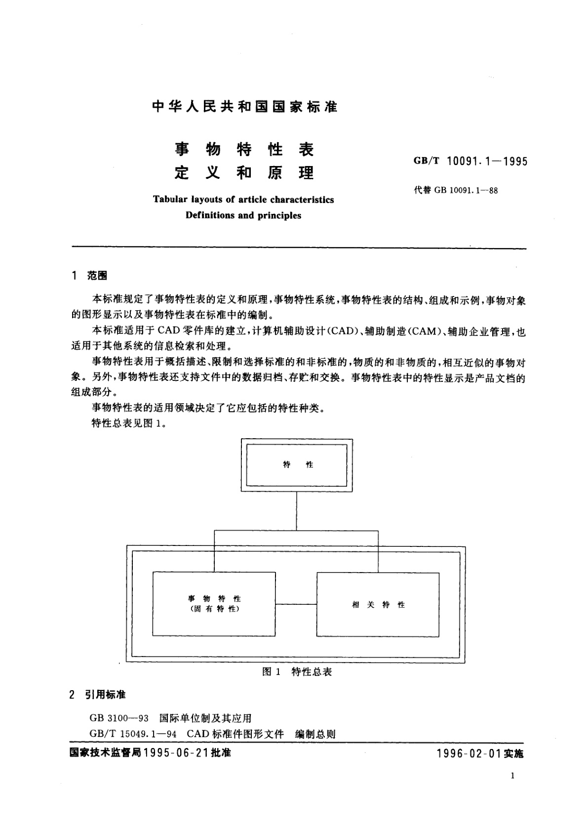 GB/T 10091.1-1995 事物特性表　定义和原理