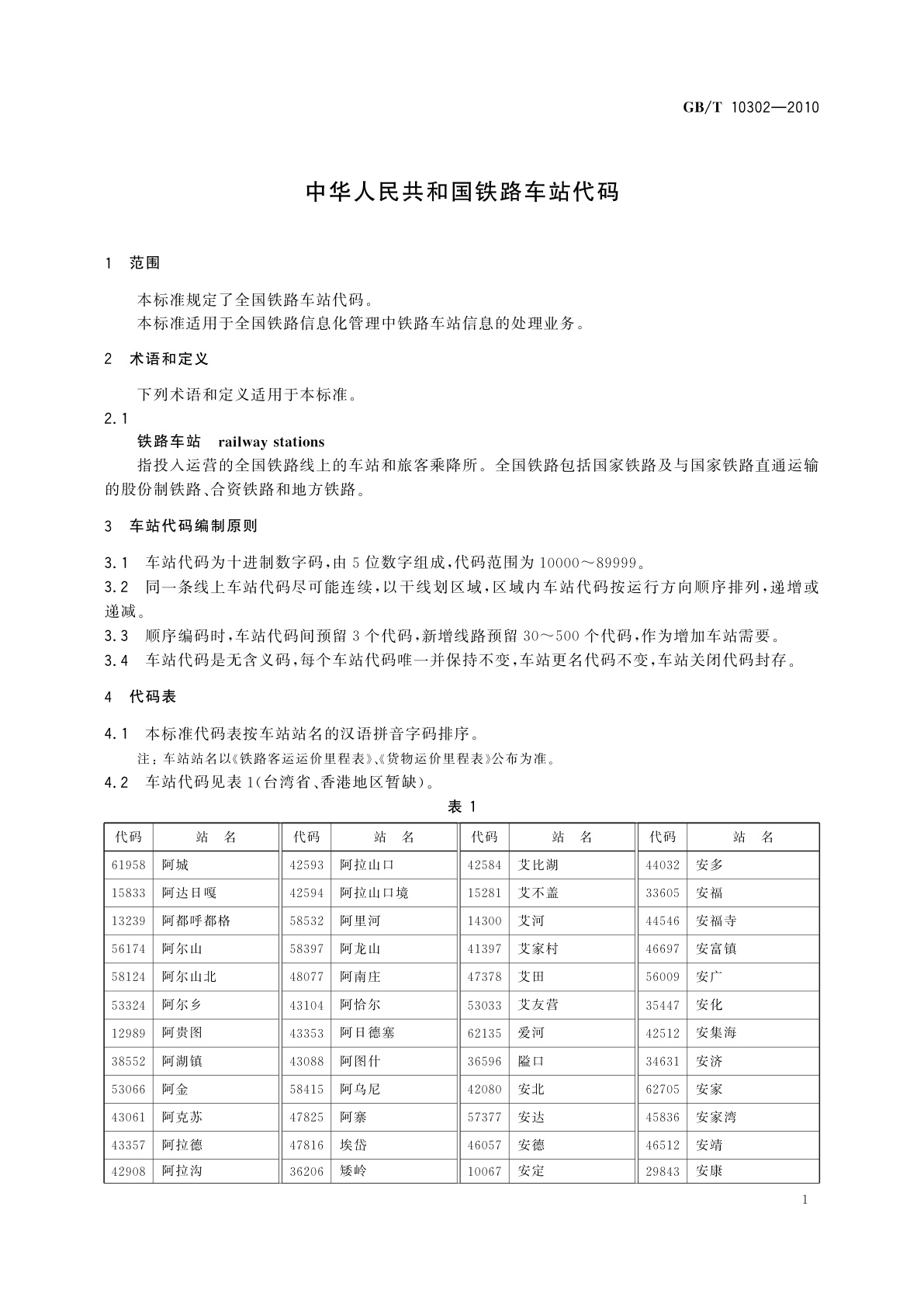 GB/T 10302-2010 中华人民共和国铁路车站代码