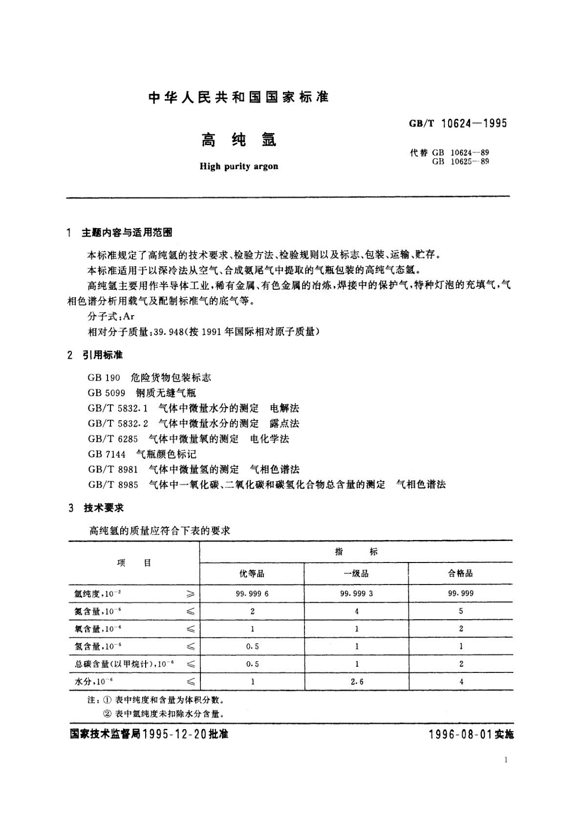 GB/T 10624-1995 高纯氩