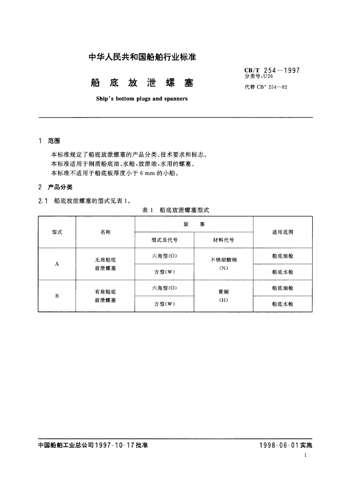CB/T 254-1997 船底放泄螺塞