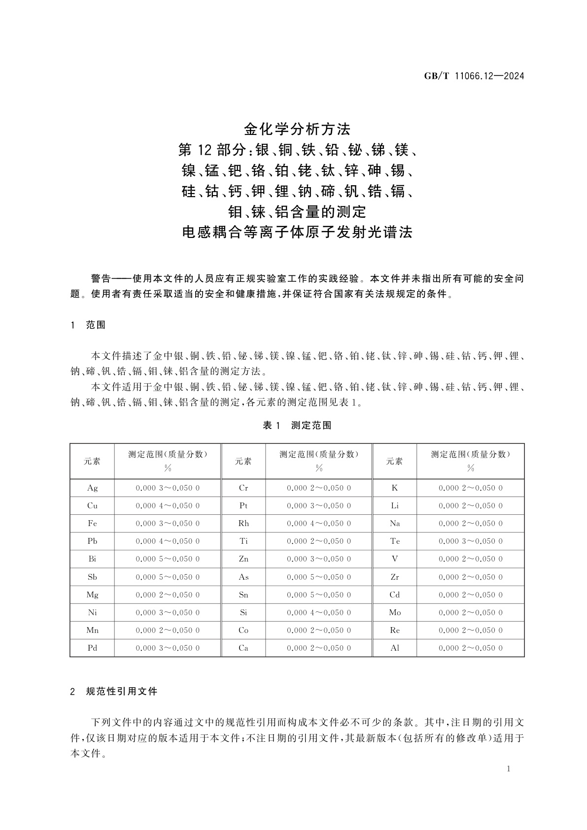 GB/T 11066.12-2024 金化学分析方法　第12部分：银、铜、铁、铅、铋、锑、镁、镍、锰、钯、铬、铂、铑、钛、锌、砷、锡、硅、钴、钙、钾、锂、钠、碲、钒、锆、镉、钼、铼、铝含量的测定　电感耦合等离子体原子发射光谱法