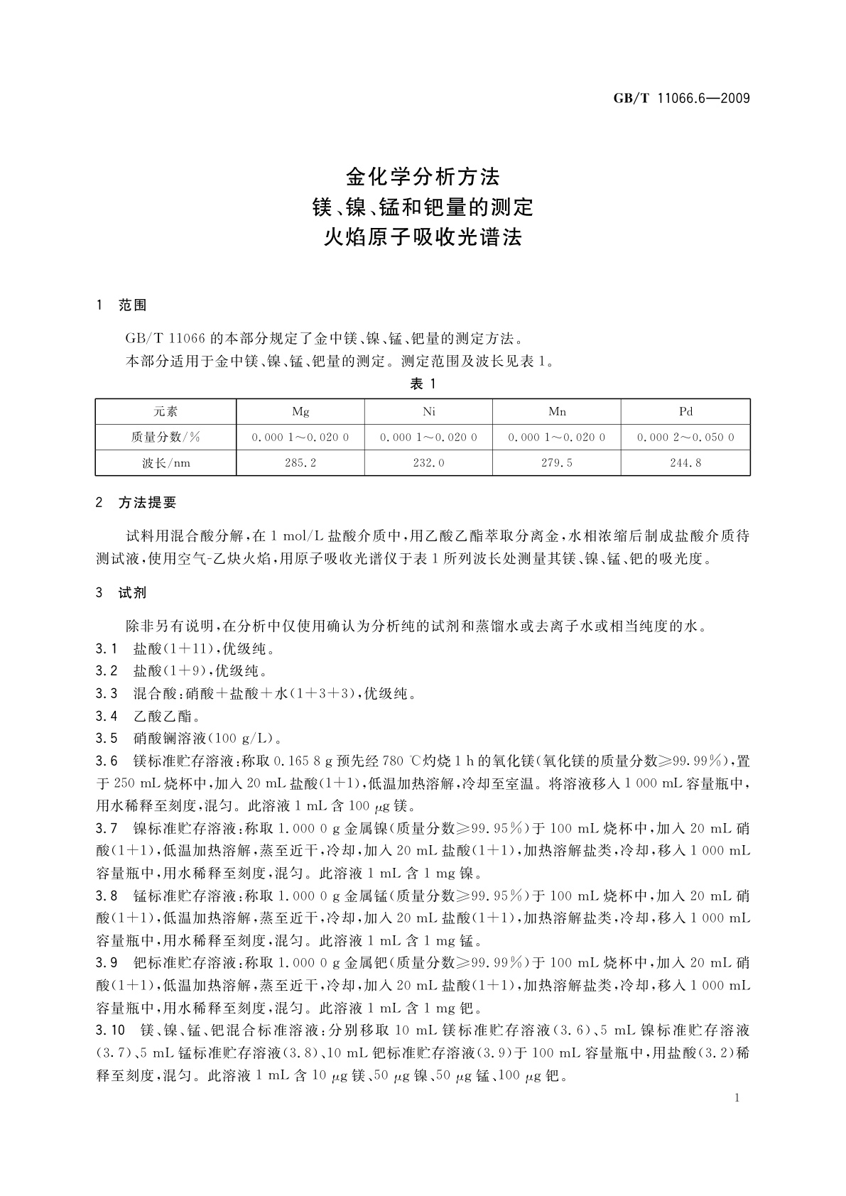 GB/T 11066.6-2009 金化学分析方法　镁、镍、锰和钯量的测定　火焰原子吸收光谱法