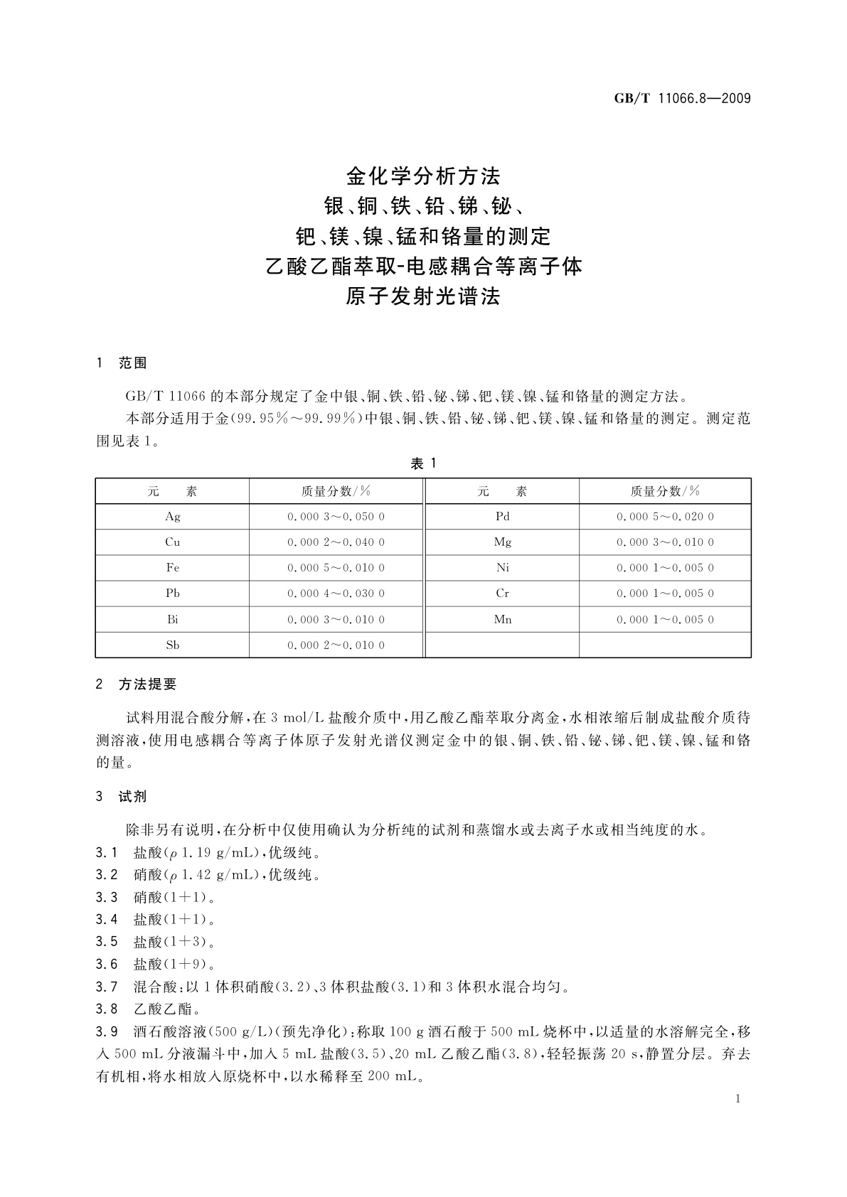GB/T 11066.8-2009 金化学分析方法　银、铜、铁、铅、锑、铋、钯、镁、镍、锰和铬量的测定　乙酸乙酯萃取-电感耦合等离子体原子发射光谱法