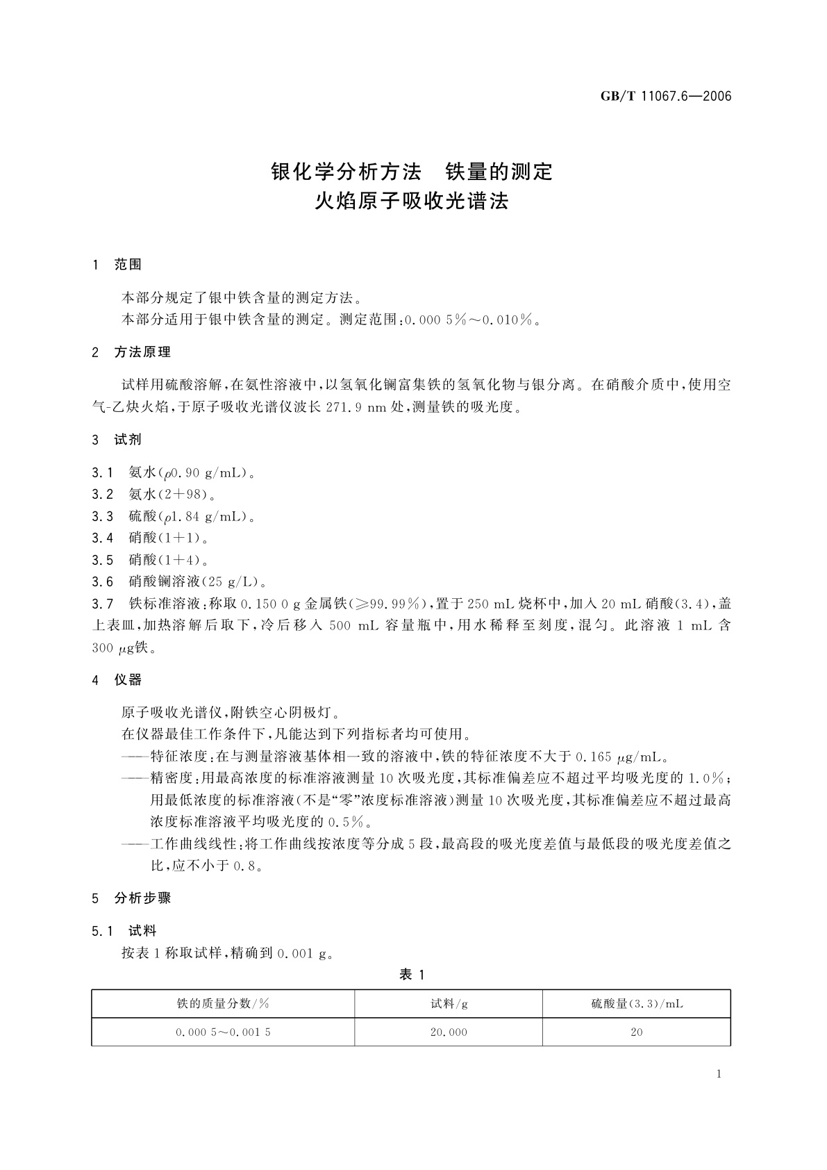 GB/T 11067.6-2006 银化学分析方法　铁量的测定　火焰原子吸收光谱法