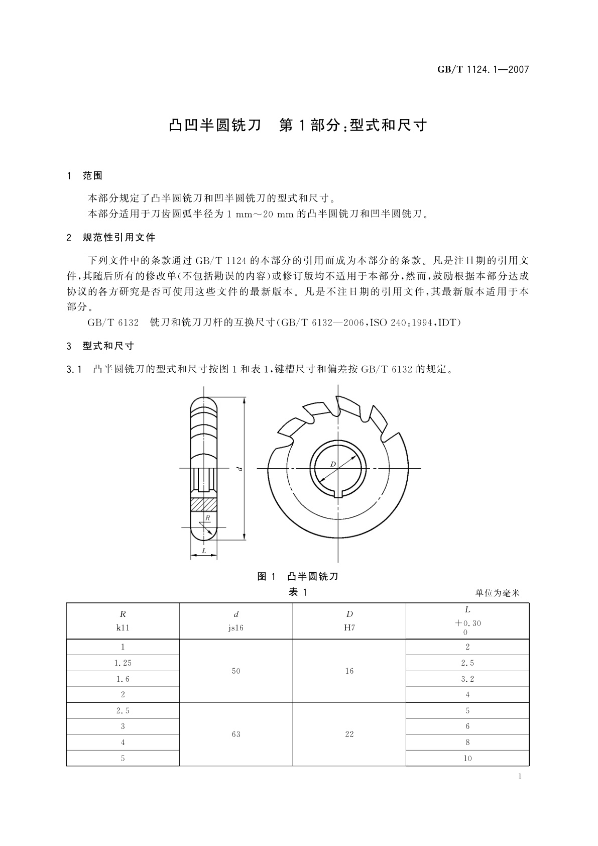GB/T 1124.1-2007 凸凹半圆铣刀　第1部分：型式和尺寸