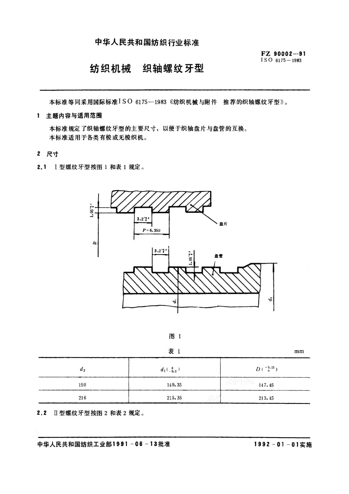 FZ 90002-1991 纺织机械　织轴螺纹牙型
