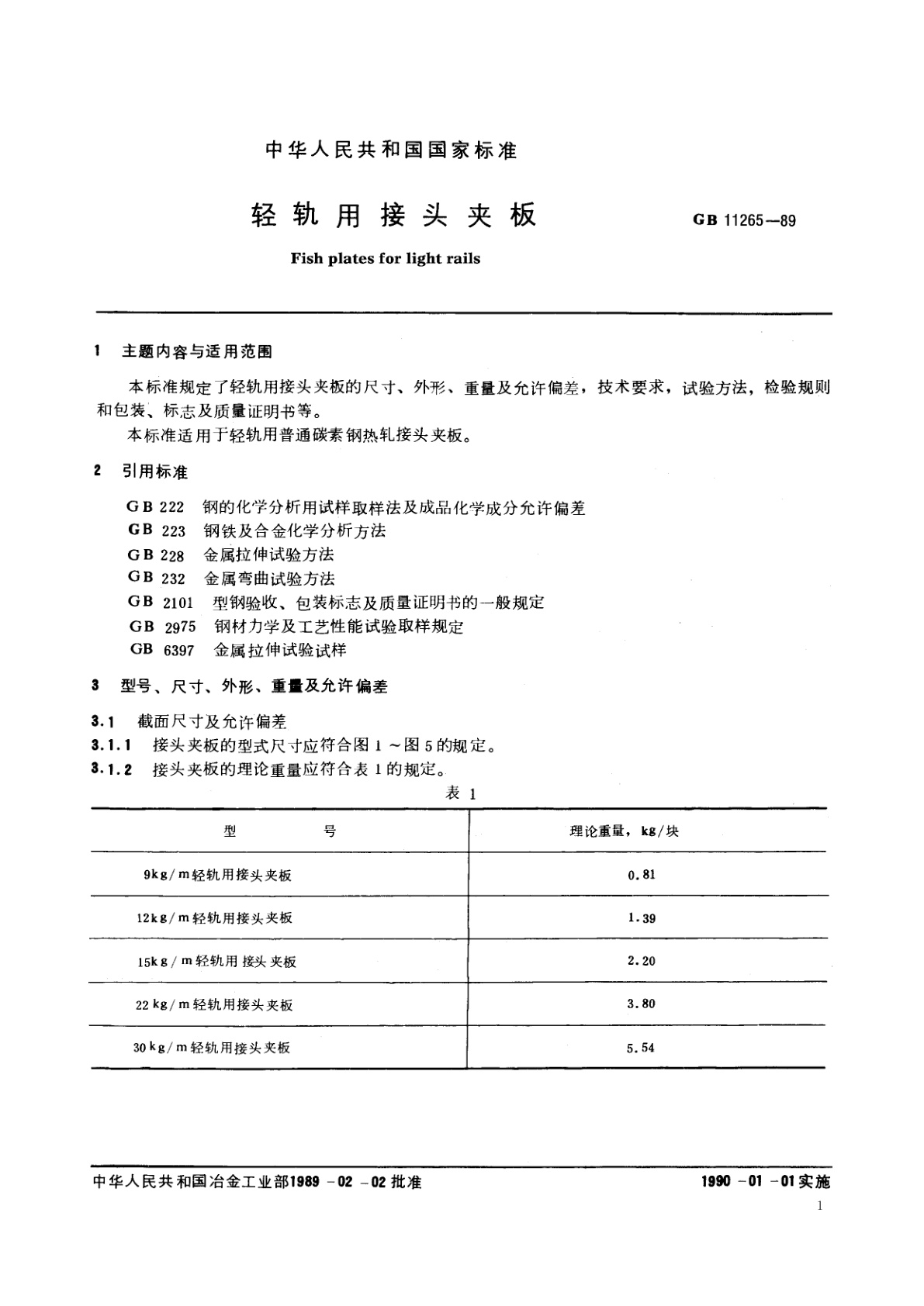 GB/T 11265-1989 轻轨用接头夹板