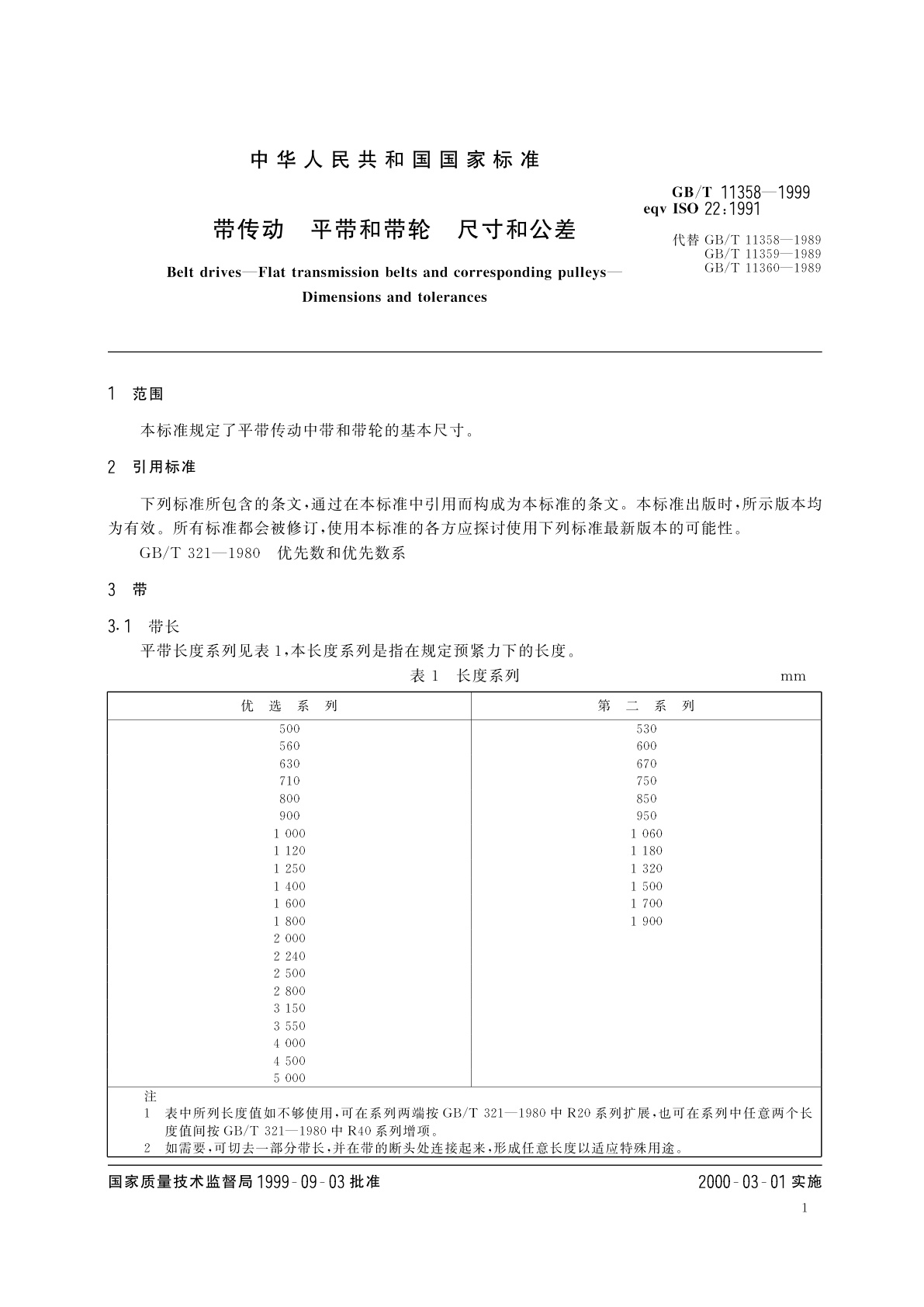 GB/T 11358-1999 带传动　平带和带轮　尺寸和公差