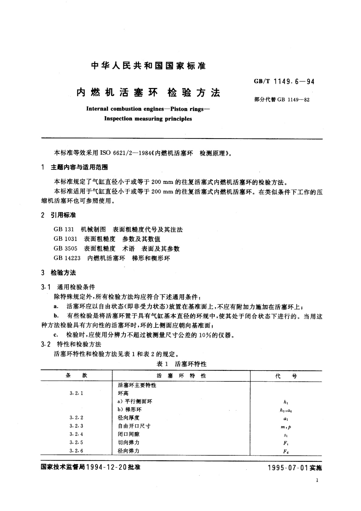 GB/T 1149.6-1994 内燃机活塞环　检验方法
