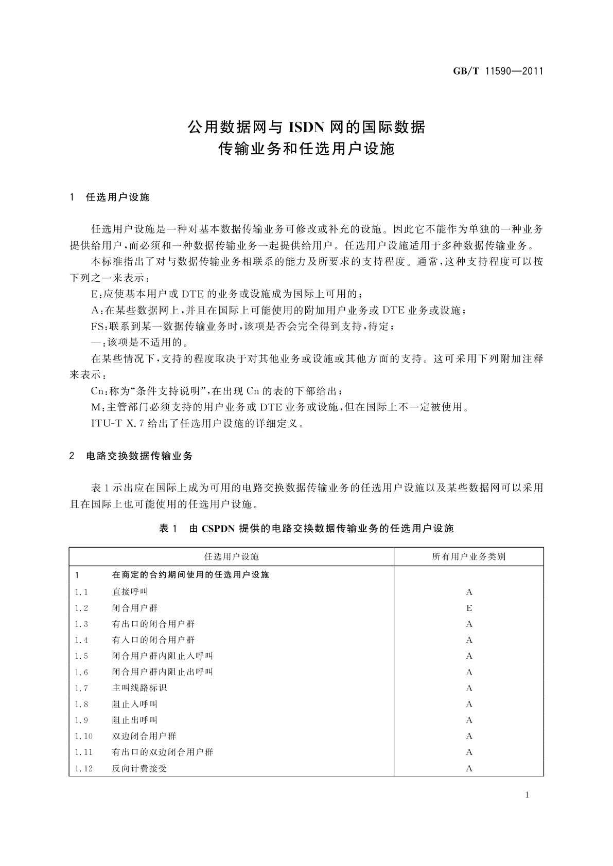 GB/T 11590-2011 公用数据网与ISDN网的国际数据传输业务和任选用户设施