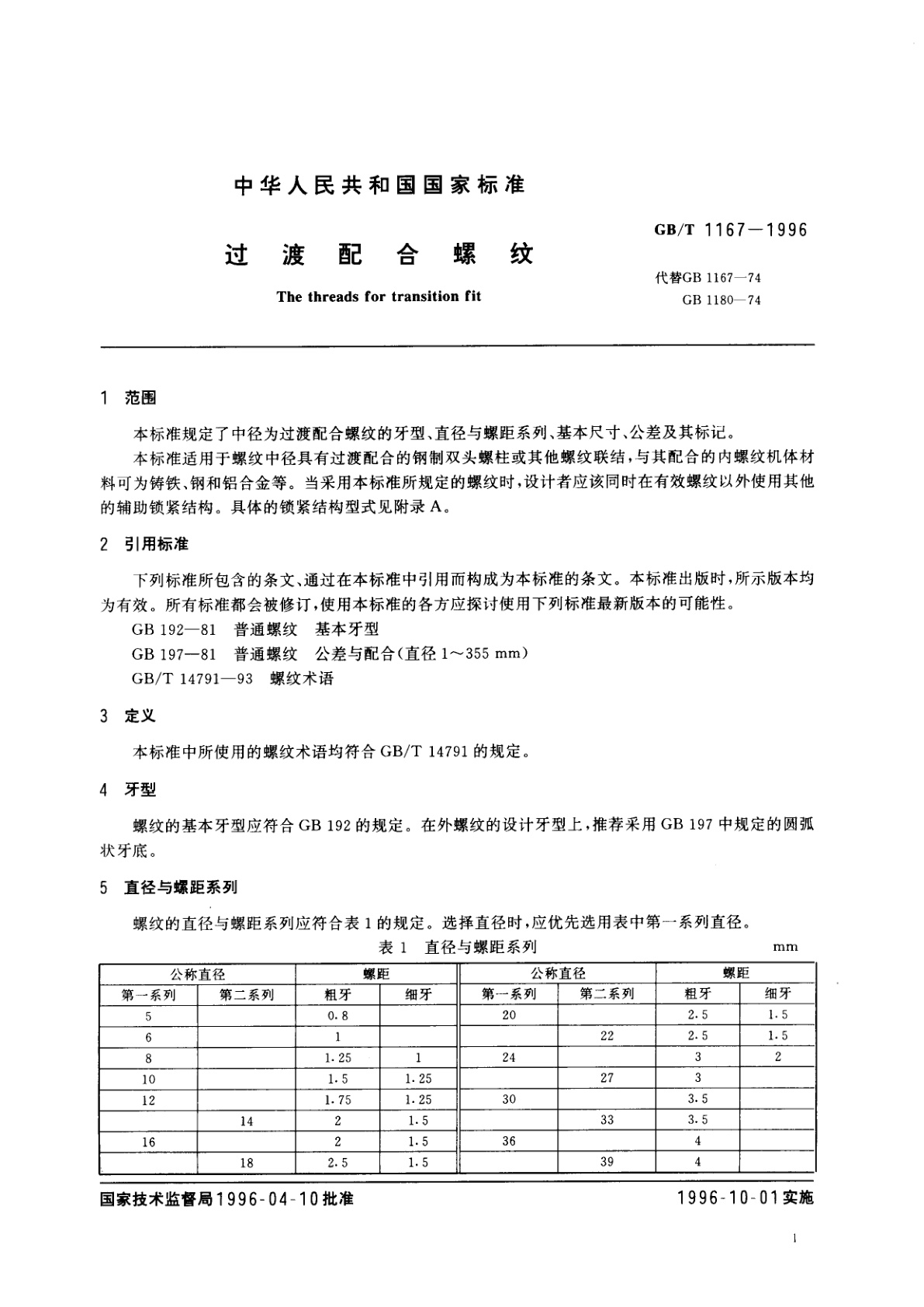 GB/T 1167-1996 过渡配合螺纹