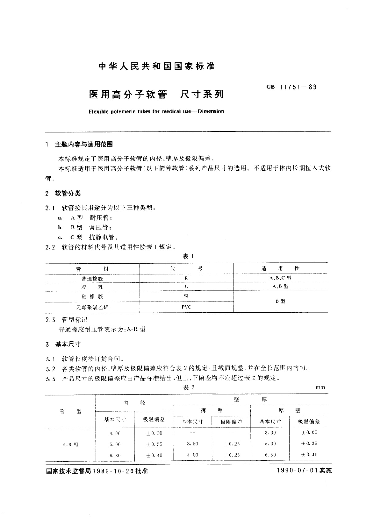 GB/T 11751-1989 医用高分子软管　尺寸系列