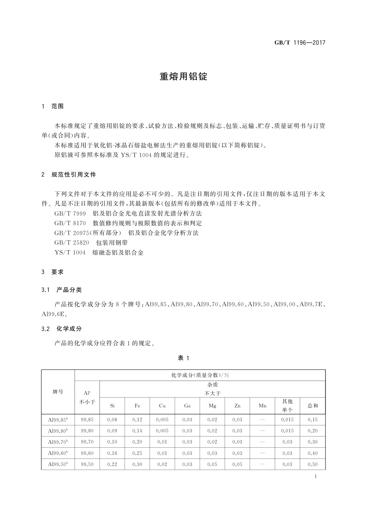 GB/T 1196-2017 重熔用铝锭