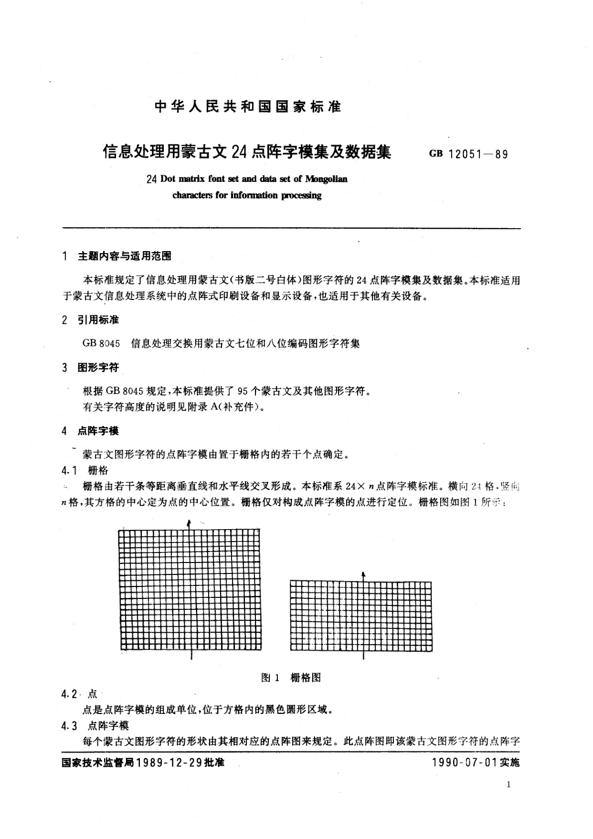 GB/T 12051-1989 信息处理用蒙古文24点阵字模集及数据集