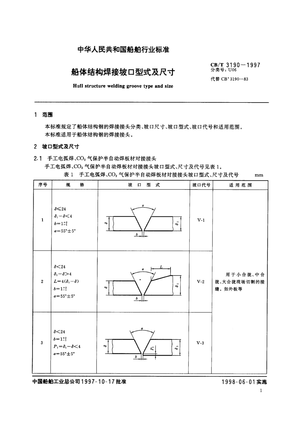 CB/T 3190-1997 船体结构焊接坡口型式及尺寸