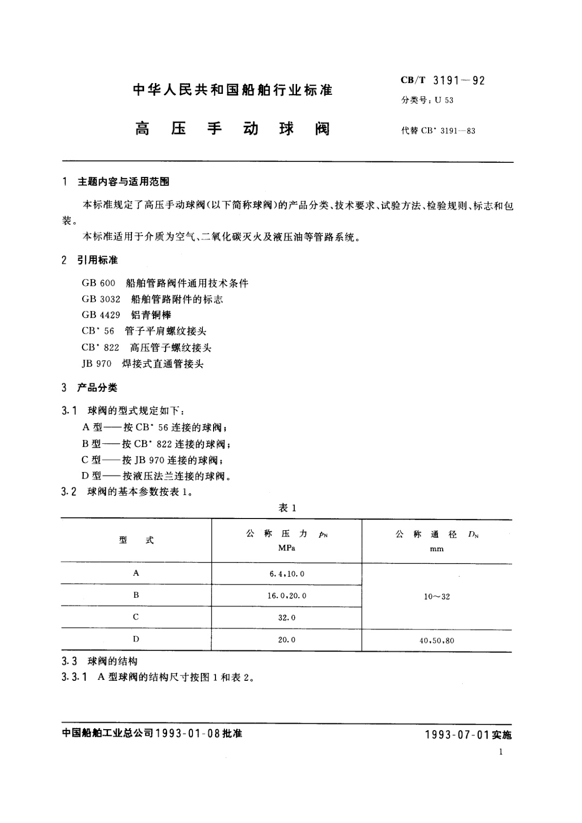 CB/T 3191-1992 高压手动球阀