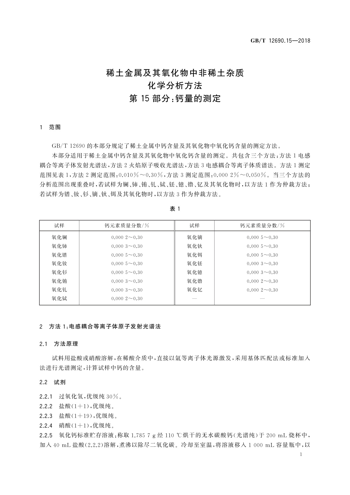 GB/T 12690.15-2018 稀土金属及其氧化物中非稀土杂质化学分析方法　第15部分：钙量的测定