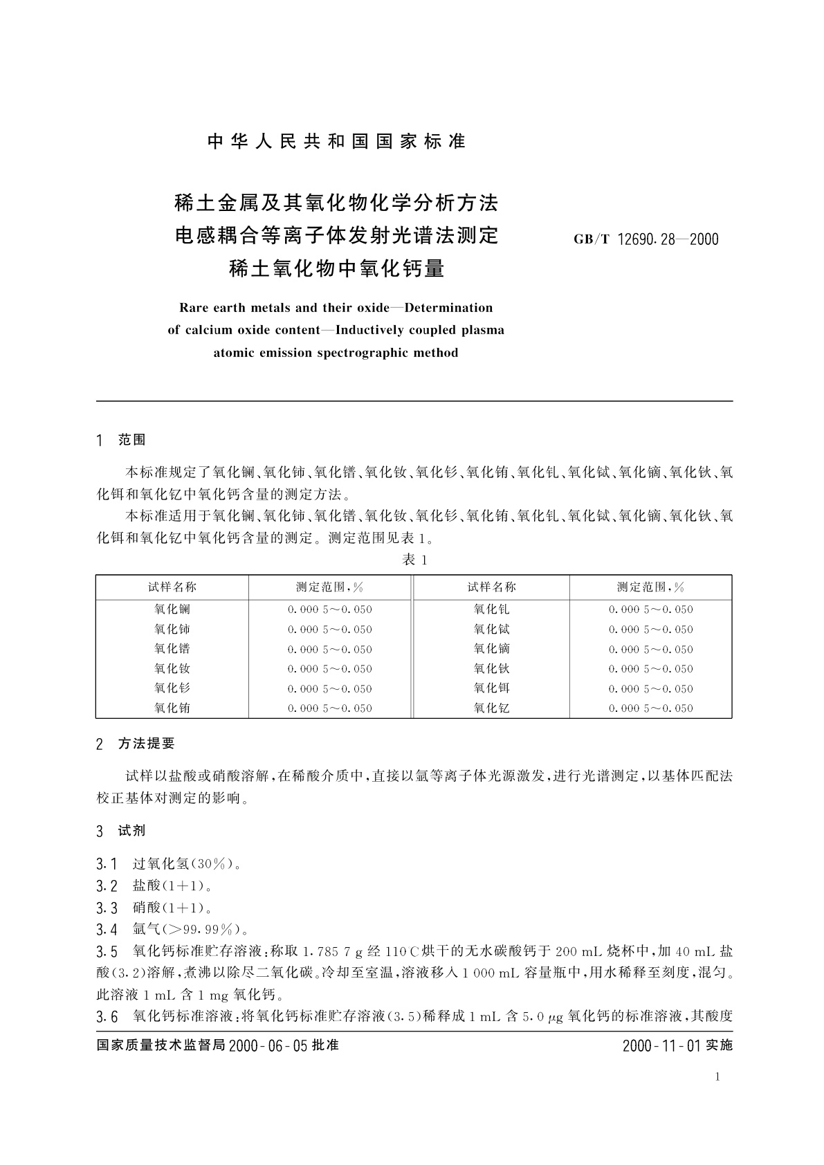 GB/T 12690.28-2000 稀土金属及其氧化物化学分析方法　电感耦合等离子体发射光谱法测定稀土氧化物中氧化钙量