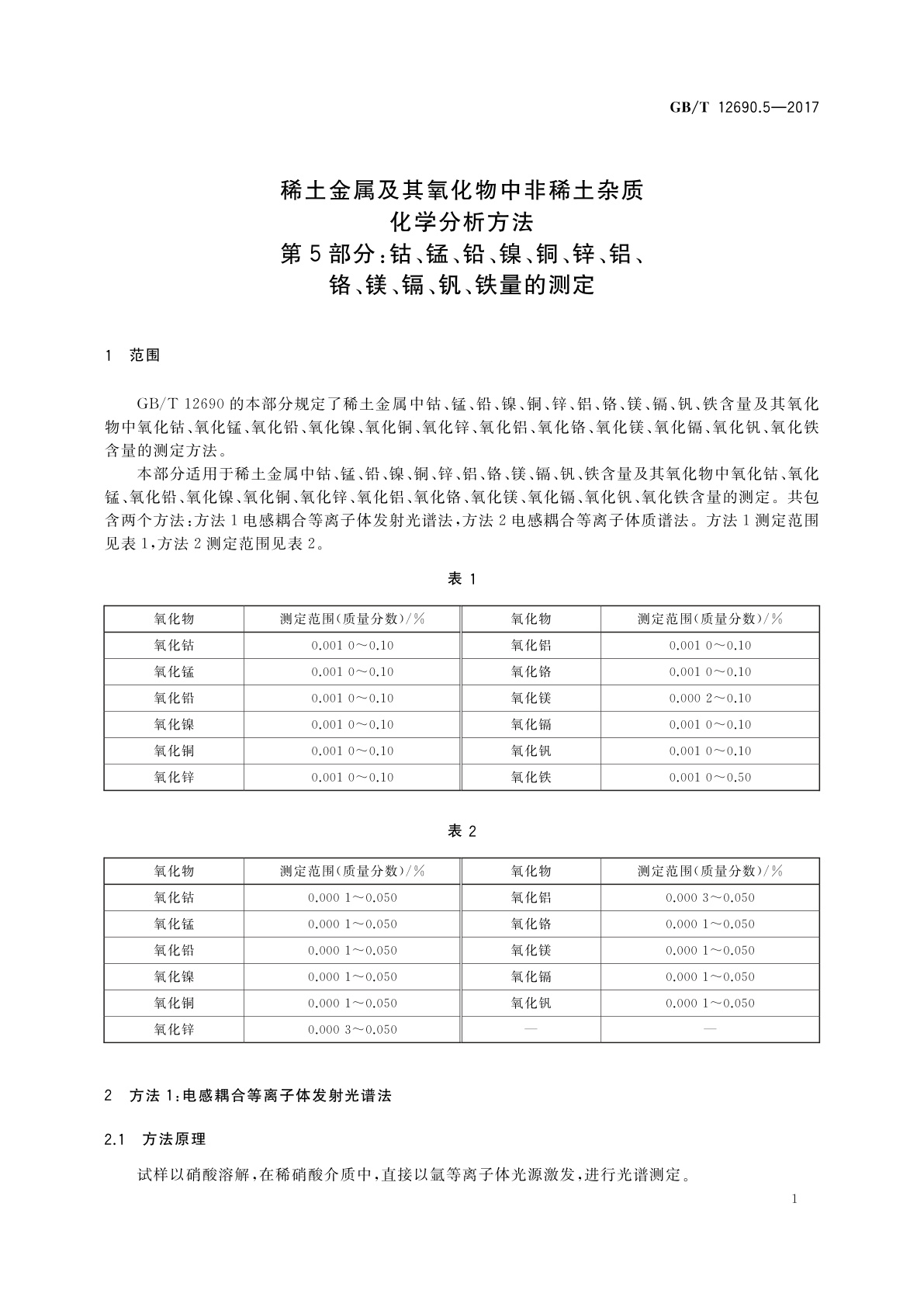GB/T 12690.5-2017 稀土金属及其氧化物中非稀土杂质化学分析方法　第5部分：钴、锰、铅、镍、铜、锌、铝、铬、镁、镉、钒、铁量的测定