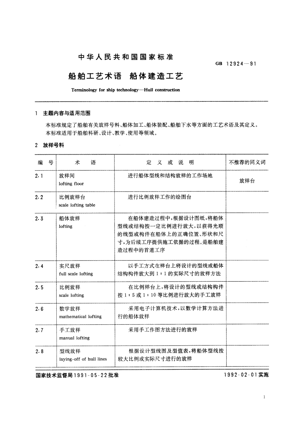 GB/T 12924-1991 船舶工艺术语　船体建造工艺
