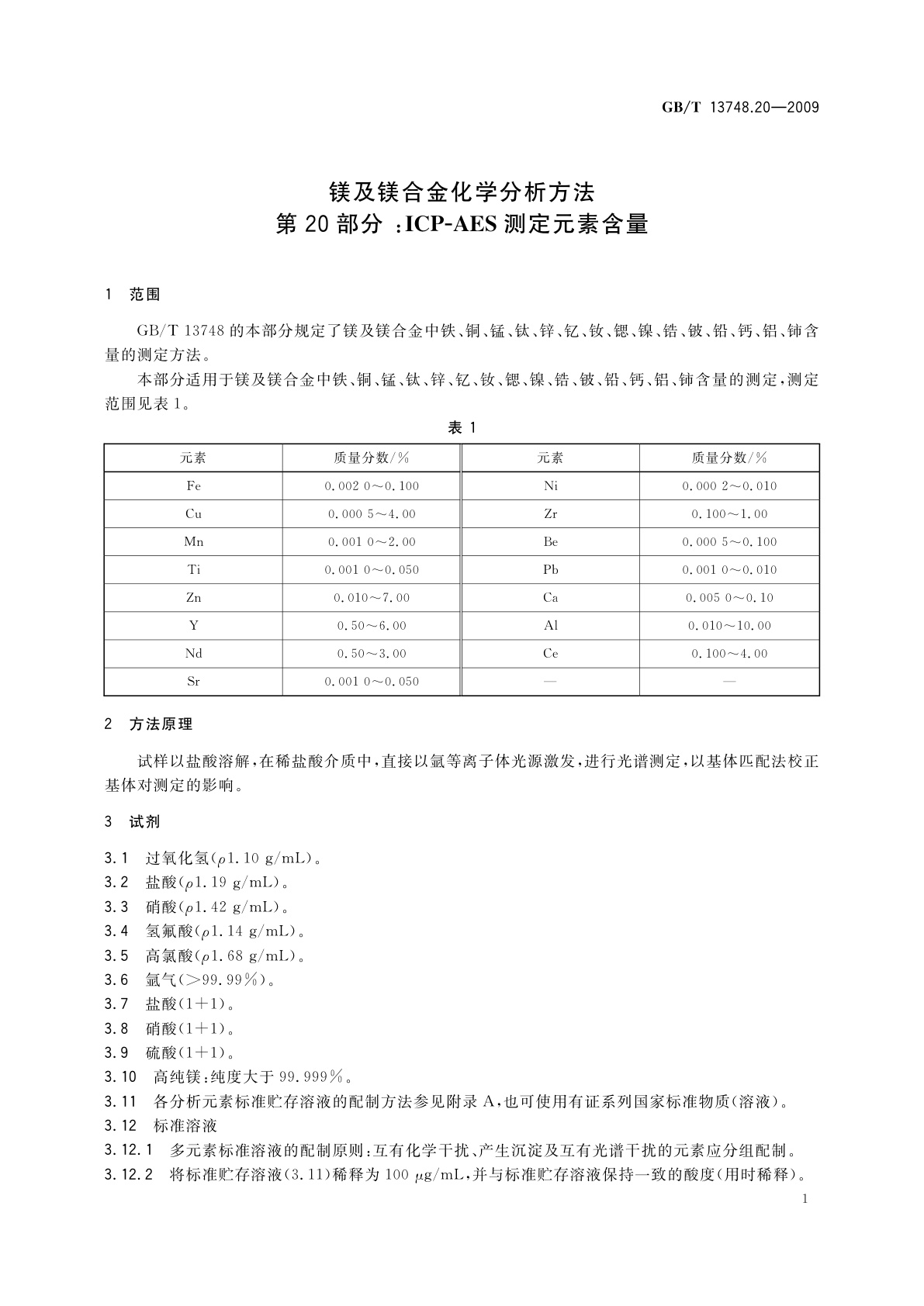 GB/T 13748.20-2009 镁及镁合金化学分析方法　第20部分：ICP-AES测定元素含量