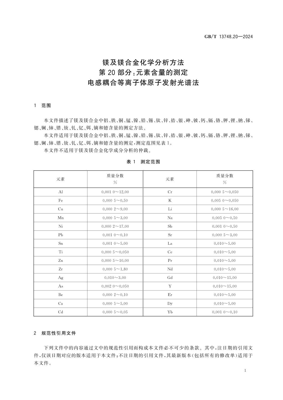GB/T 13748.20-2024 镁及镁合金化学分析方法　第20部分：元素含量的测定　电感耦合等离子体原子发射光谱法