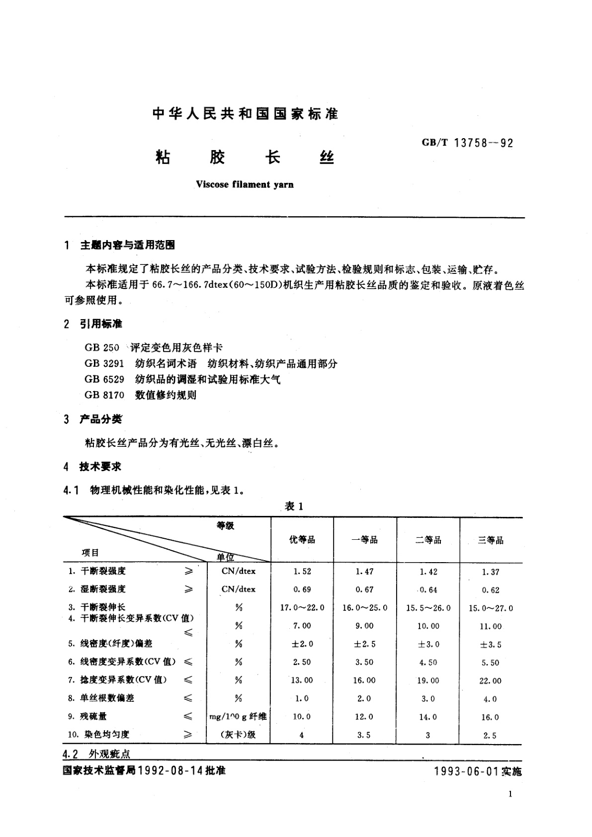 GB/T 13758-1992 粘胶长丝