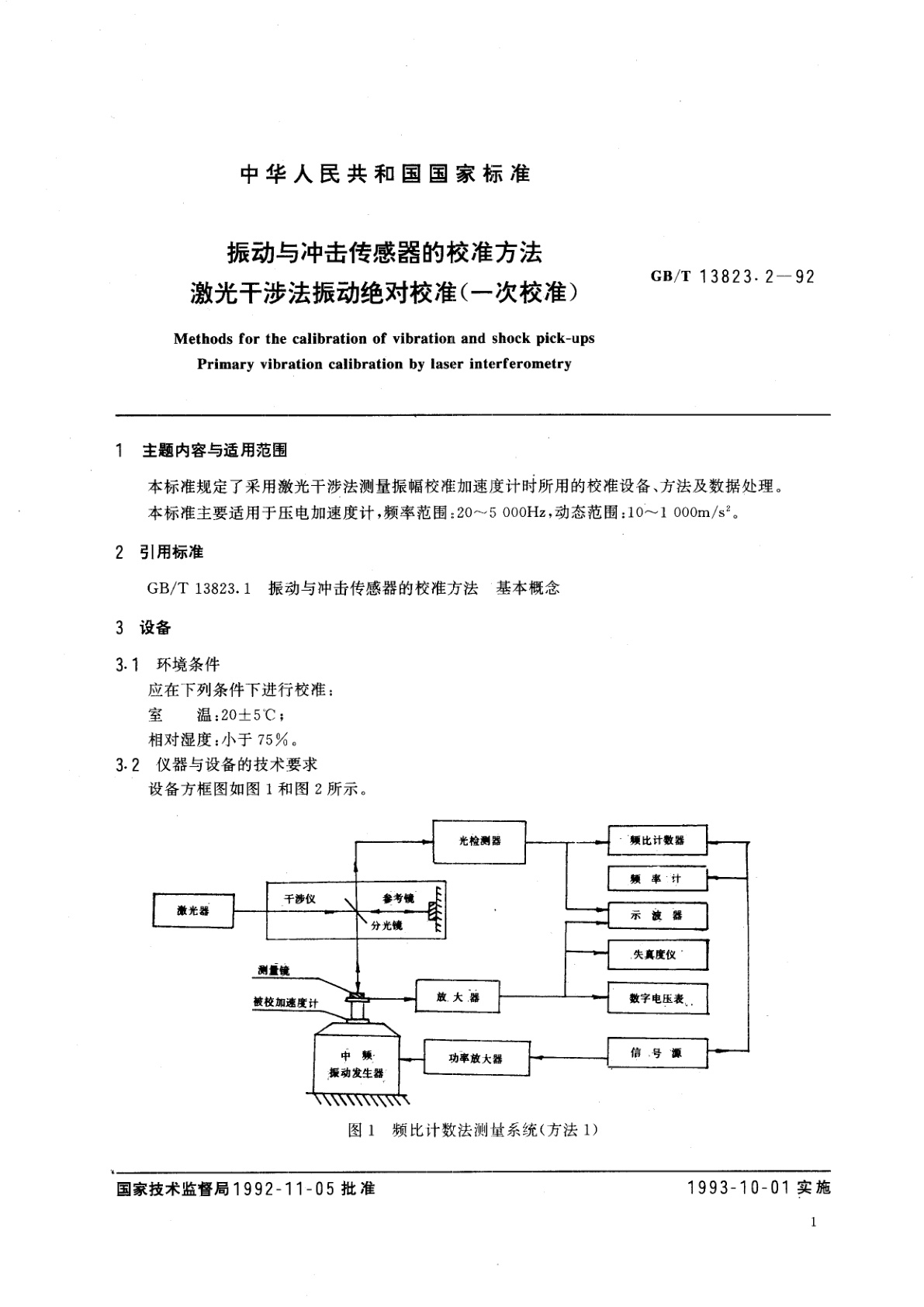 GB/T 13823.2-1992 振动与冲击传感器的校准方法　激光干涉法振动绝对校准　(一次校准)